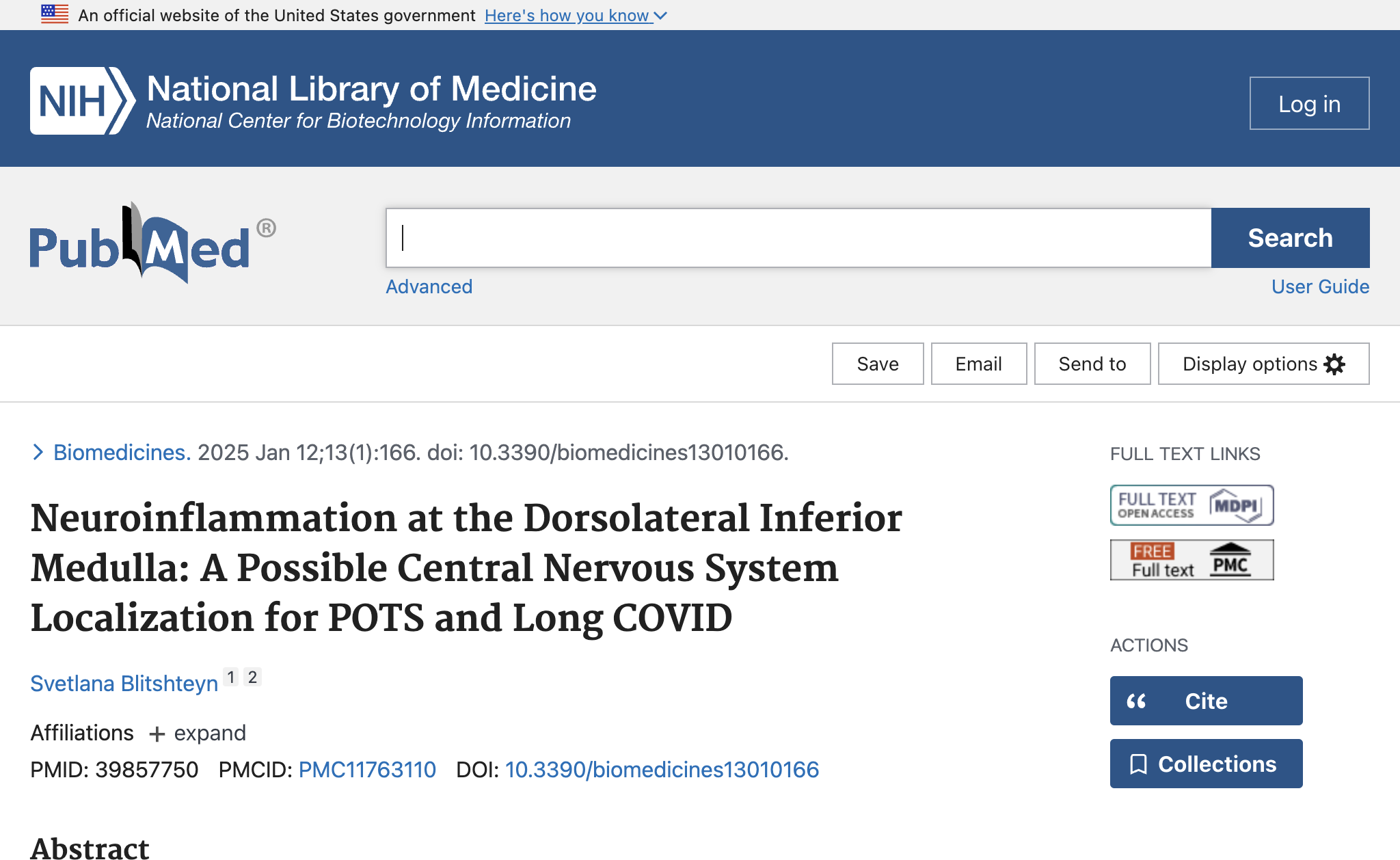 Neuroinflammation at the Dorsolateral Inferior Medulla: A Possible Central Nervous System Localization for POTS and Long COVID.
