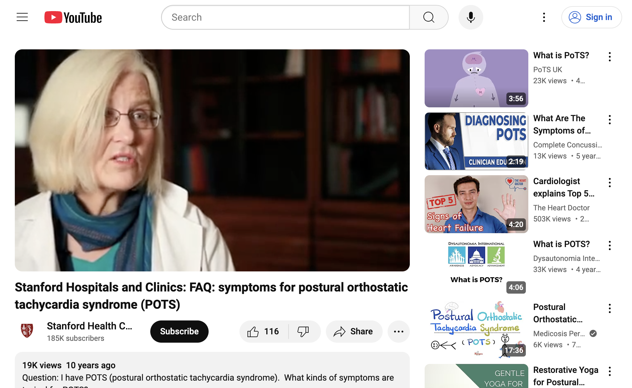 Stanford Hospitals and Clinics: FAQ: symptoms for postural orthostatic tachycardia syndrome (POTS)