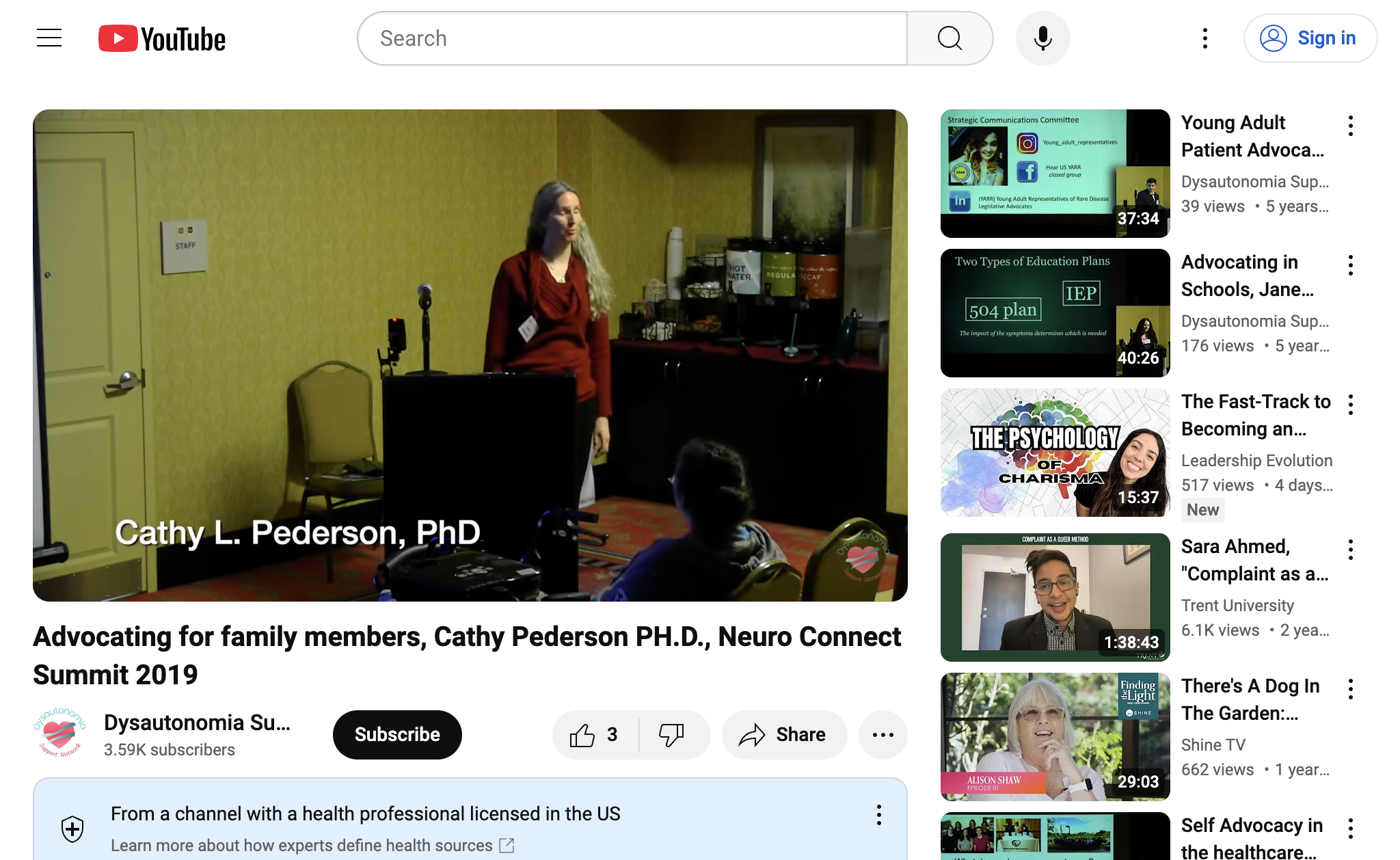 Advocating for family members, Cathy Pederson PH.D., Neuro Connect Summit 2019