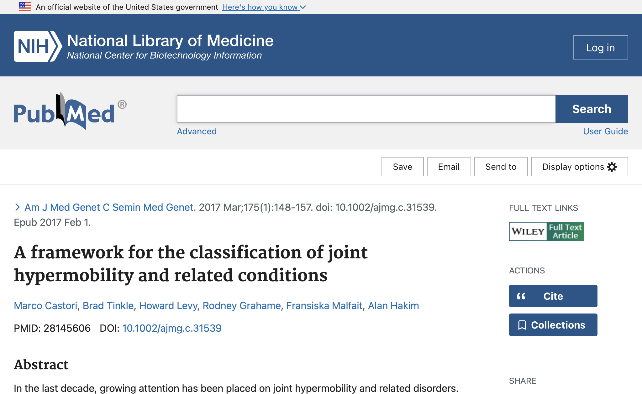 A framework for the classification of joint hypermobility and related conditions.