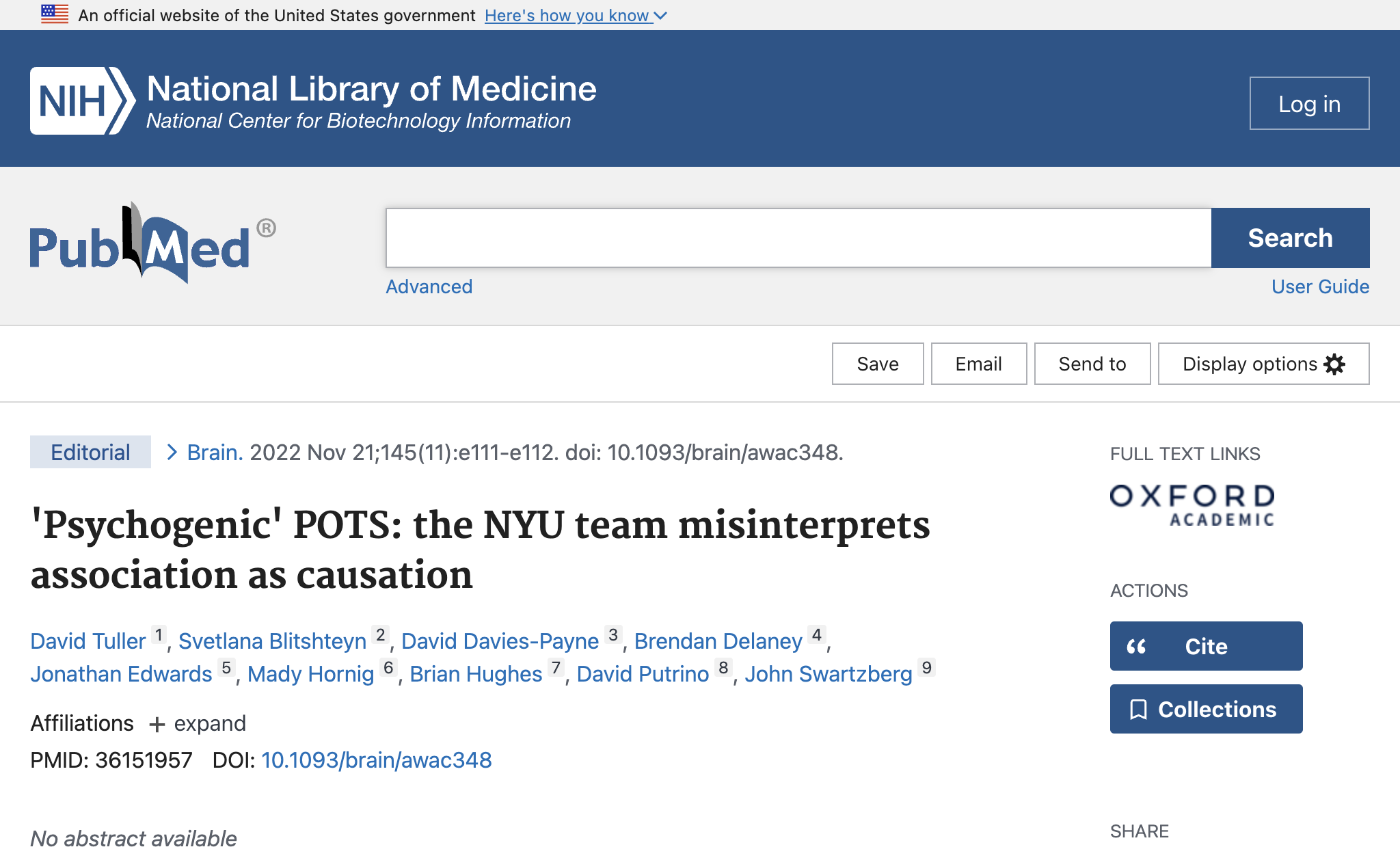 'Psychogenic' POTS: the NYU team misinterprets association as causation.