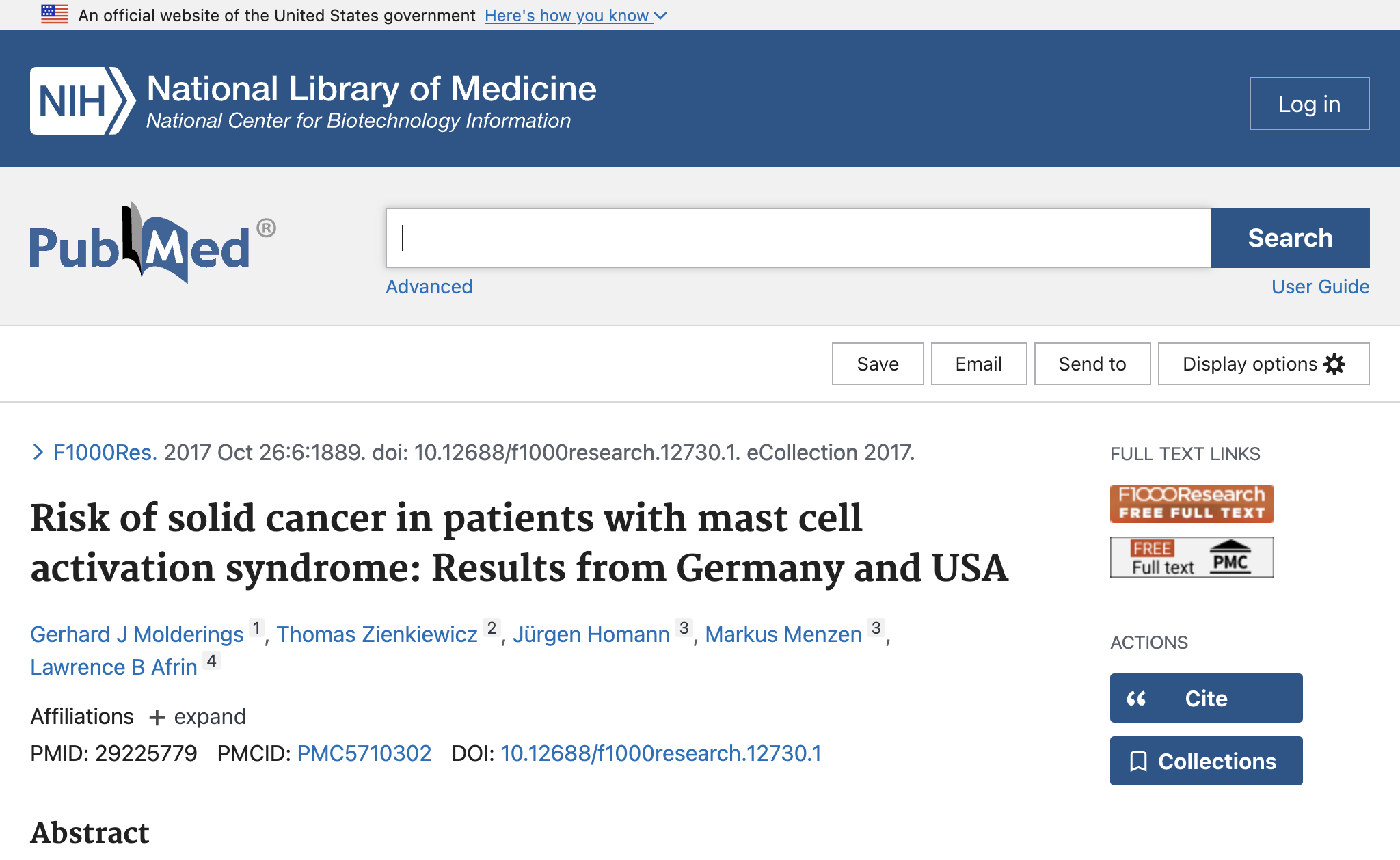 Risk of solid cancer in patients with mast cell activation syndrome: Results from Germany and USA.