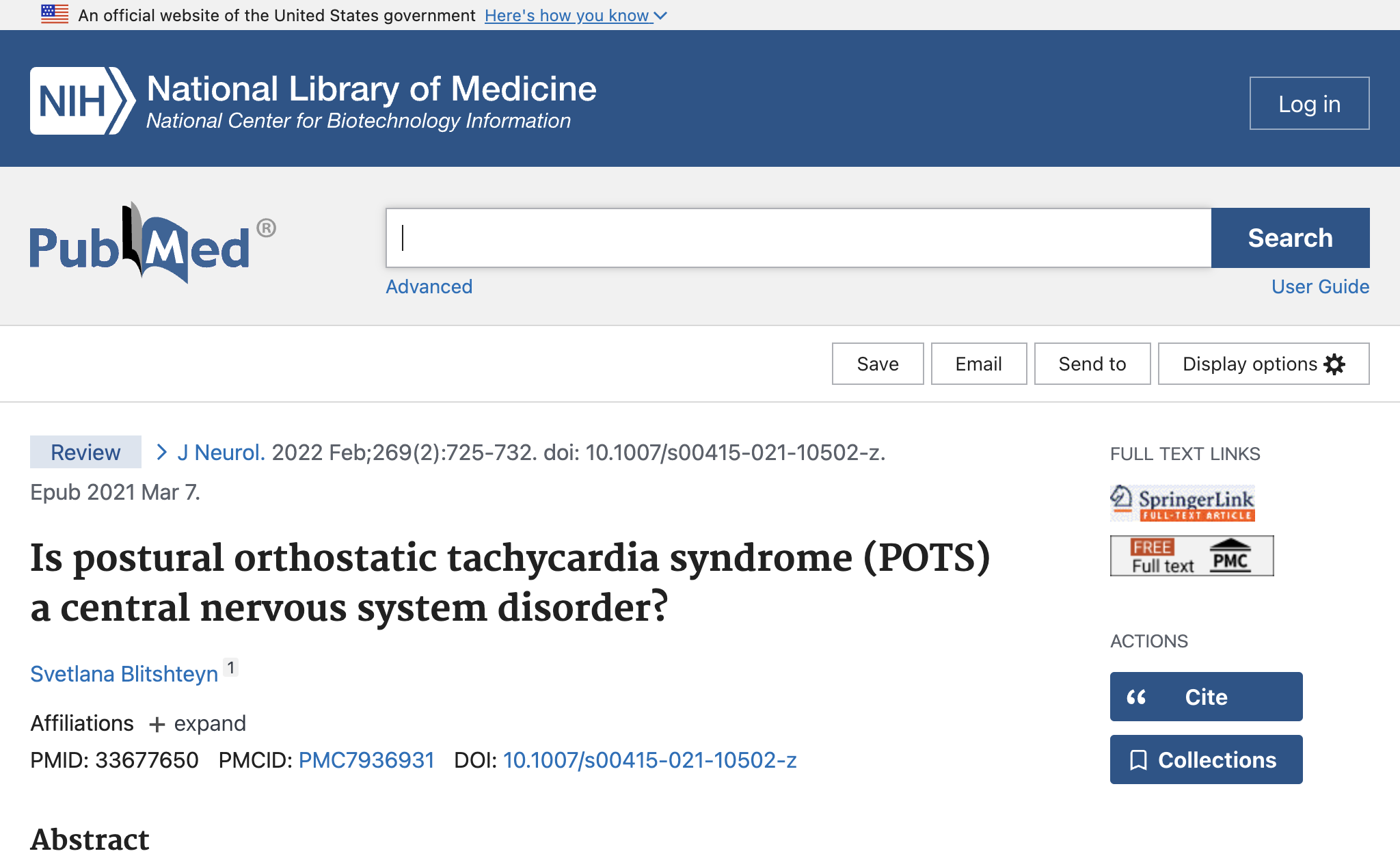 Is postural orthostatic tachycardia syndrome (POTS) a central nervous system disorder?
