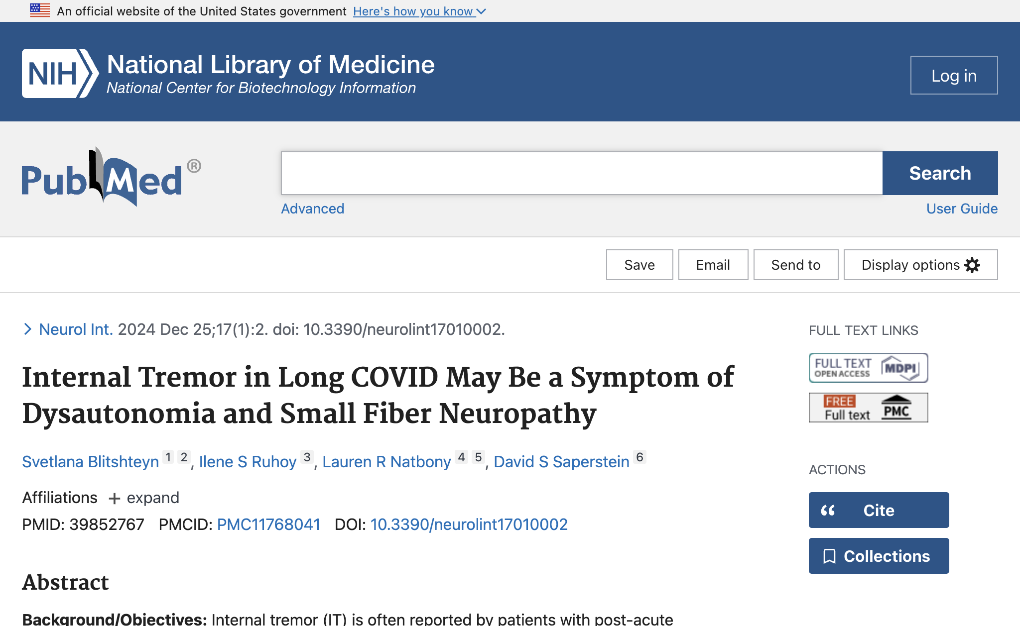 Internal Tremor in Long COVID May Be a Symptom of Dysautonomia and Small Fiber Neuropathy.