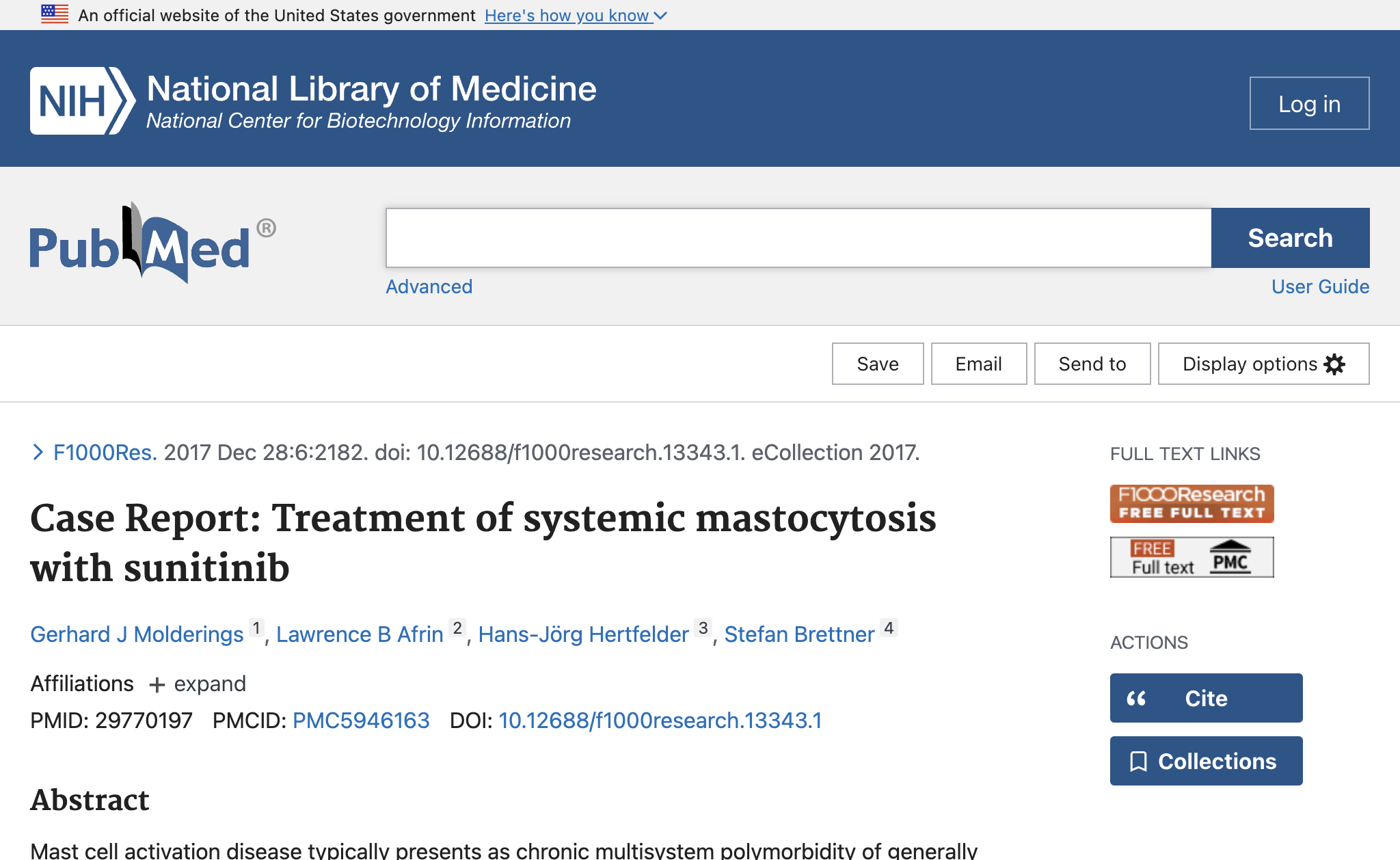 Case Report: Treatment of systemic mastocytosis with sunitinib.