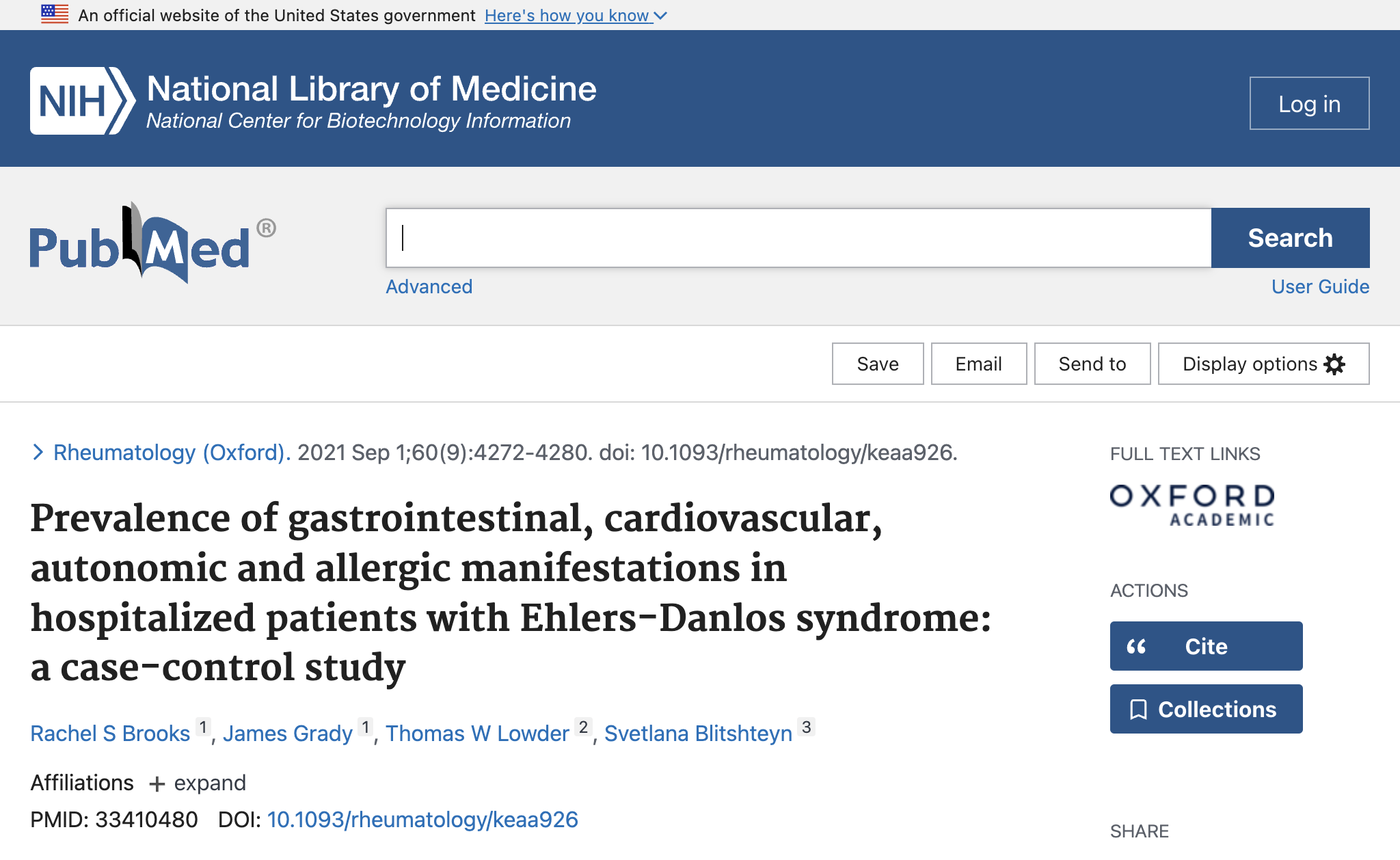 Prevalence of gastrointestinal, cardiovascular, autonomic and allergic manifestations in hospitalized patients with Ehlers-Danlos syndrome: a case-control study.