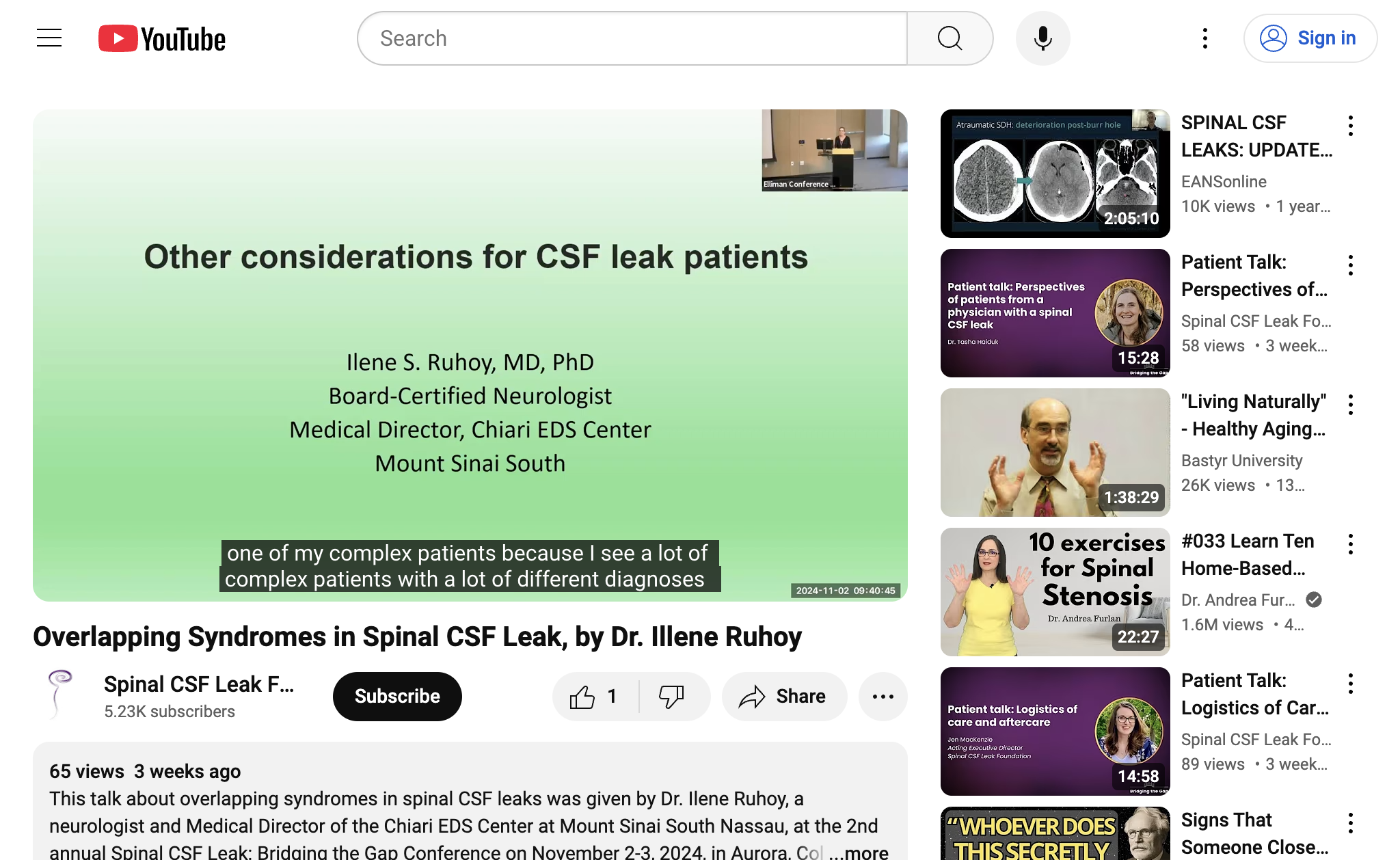 Overlapping Syndromes in Spinal CSF Leak, by Dr. Illene Ruhoy